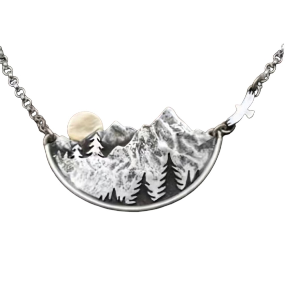 Boho Style Mountain Scene Silver Pendant Necklace